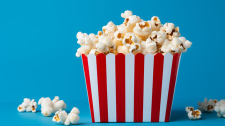 Popcorn in red striped box on blue background. Cinema concept.の素材