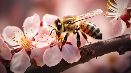 Bee pollinates flowers on a branch of a blooming tree.の素材