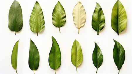 Collection of green leaves on white background. Flat lay, top view.の素材
