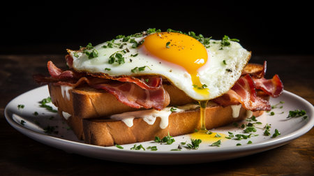 Sandwich with fried egg, bacon and parsley on wooden backgroundの素材