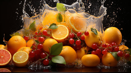 Fresh fruits with water splash on black background. Orange, lemon, grapefruitの素材