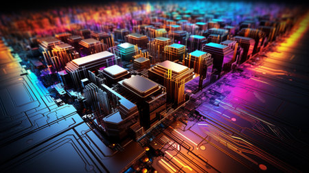 3d rendering of a modern city with a circuit board in the foregroundの素材