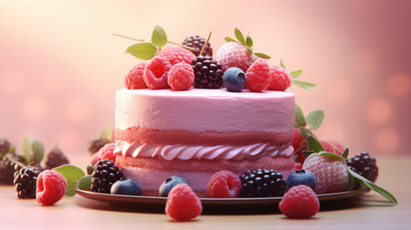 Delicious cake with berries on plate on wooden table, closeupの素材