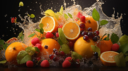 Fresh fruits with water splash on black background. Healthy food concept.の素材