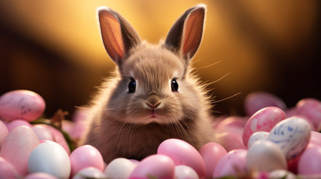 Cute little bunny and easter eggs on wooden background, closeupの素材