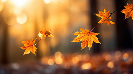 Autumn maple leaves on blurred background with bokeh effect.の素材