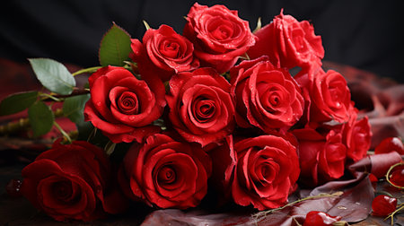 Bouquet of red roses on a dark wooden background, close upの素材