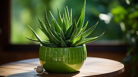 Aloe vera plant in a green pot on a wooden tableの素材