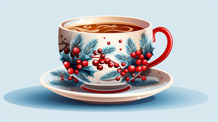 Illustration of a cup of coffee with christmas decorations on a blue backgroundの素材