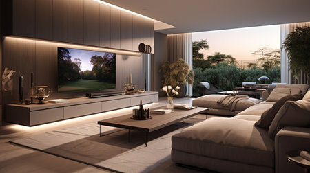 3d rendering luxury living room with tv and sofa in the eveningの素材