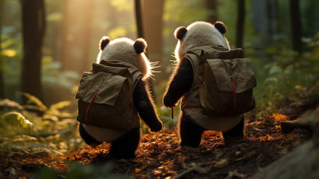 Two panda bears walking in the forest at sunset. Soft focus.の素材