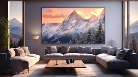 Modern bright interiors 3D rendering illustration of room with a view of the mountainsの素材