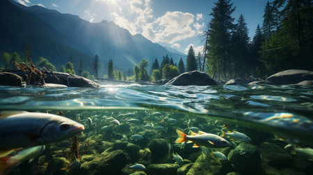 Underwater view of a river in the mountains. 3D Renderingの素材