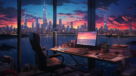 3D rendering of a modern office with a beautiful view of the cityの素材
