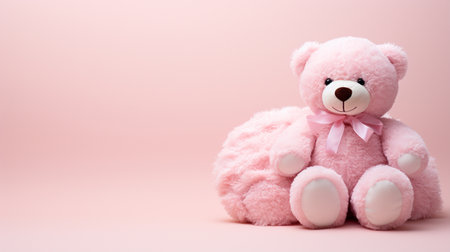 Pink teddy bear on pastel pink background with copy space.の素材
