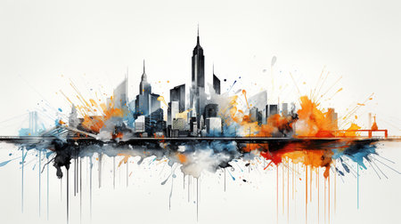 Modern cityscape with skyscrapers and colorful splashes. Mixed mediaの素材