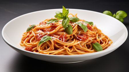 Spaghetti bolognese with tomato sauce and basil on black backgroundの素材