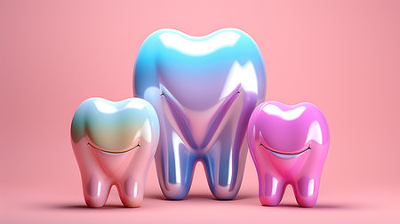 3d render of tooth with smiley teeth in front of pink backgroundの素材