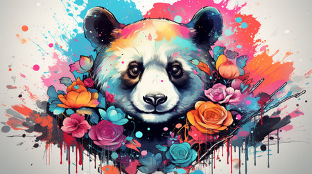 Panda bear with flowers on grunge background. Vector illustration.の素材