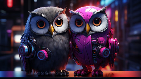 Two cute owls with headphones listening to music. 3D renderingの素材