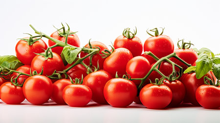 Cherry tomatoes with green leaves isolated on white background. Studio shot.の素材