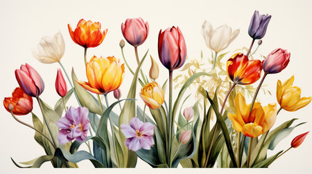 Tulips on a white background. Spring flowers. Watercolor illustration.の素材