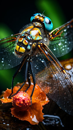 Macro photo of a dragonfly with water drops on its wingsの素材