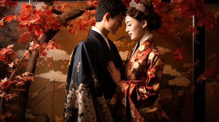 Asian young couple in traditional japanese kimono embracing each otherの素材