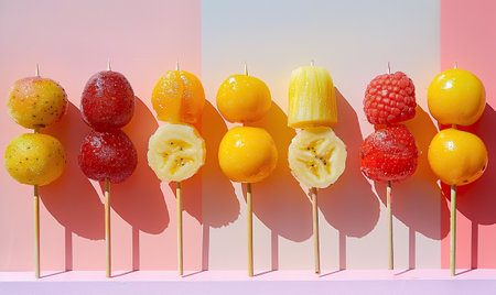Fruit popsicles on a stick on a pink and yellow backgroundの素材