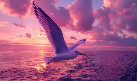 Seagull flying over the sea at sunset. Beautiful seascape.の素材