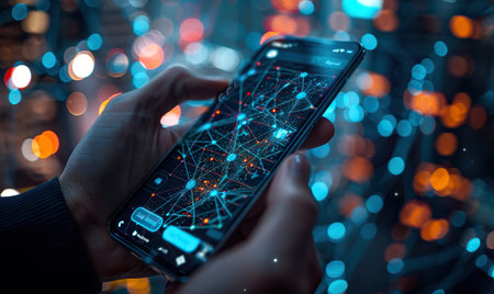 Smartphone in hand with map of the city and bokeh backgroundの素材