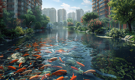 Fish swimming in the pond in the city park. 3d renderingの素材