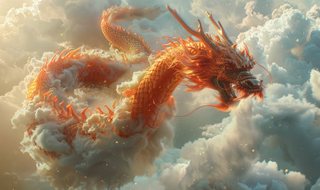 3d illustration of a dragon in the sky with clouds and fireの素材