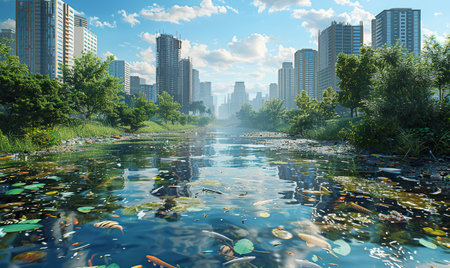 city park and pond with fish in the morning,china.の素材