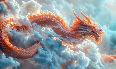 3d illustration of red dragon over blue background with white clouds.の素材