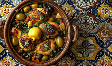 Baked chicken thighs with olives and herbs in a clay bowlの素材
