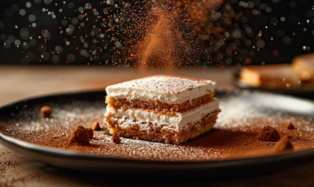 Tasty tiramisu cake with powder on plate, closeupの素材