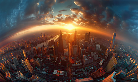 Aerial view of Shanghai skyline at sunset, China. 3D renderingの素材
