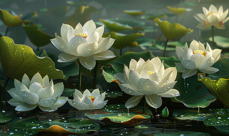 Water lily in the pond. 3D render. Nature background.の素材