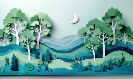 Paper art style of nature landscape with mountain, river, forest and sky.の素材