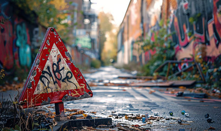 Graffiti on the side of a road in an abandoned city.の素材
