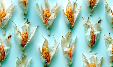 Seamless pattern of corn on blue background. Flat lay, top view.の素材