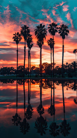 Photo of a palm tree with the sunset  in the sky  , generate AIの素材