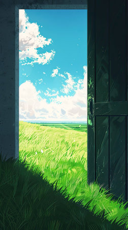 A vibrant view of a lush field through an open door, under a clear blue sky. Generate AIの素材
