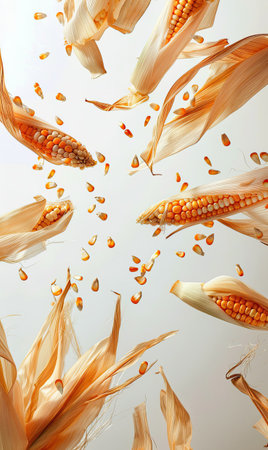 Top view of scattered whole and partly shucked corn cobs with kernels. Generate Aiの素材
