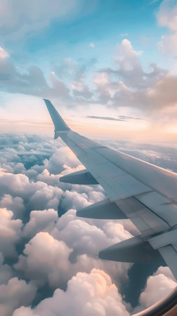 A serene view of clouds and airplane wing from inside the cabin. Generate AIの素材