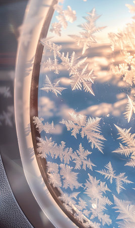 A frosty airplane window view, focusing on ice crystals  , Generate AIの素材