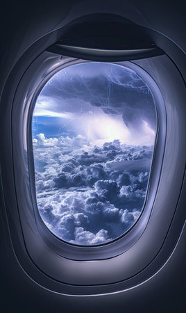 A serene view of clouds and airplane wing from inside the cabin. Generate AIの素材