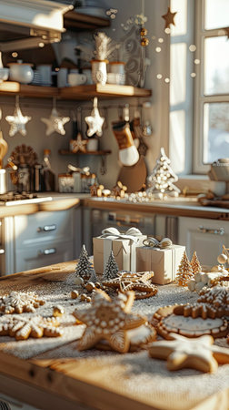 A warm and festive kitchen setting with gingerbread cookies and wrapped gifts. Generate AIの素材