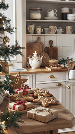 A warm and festive kitchen setting with gingerbread cookies and wrapped gifts. Generate AIの素材